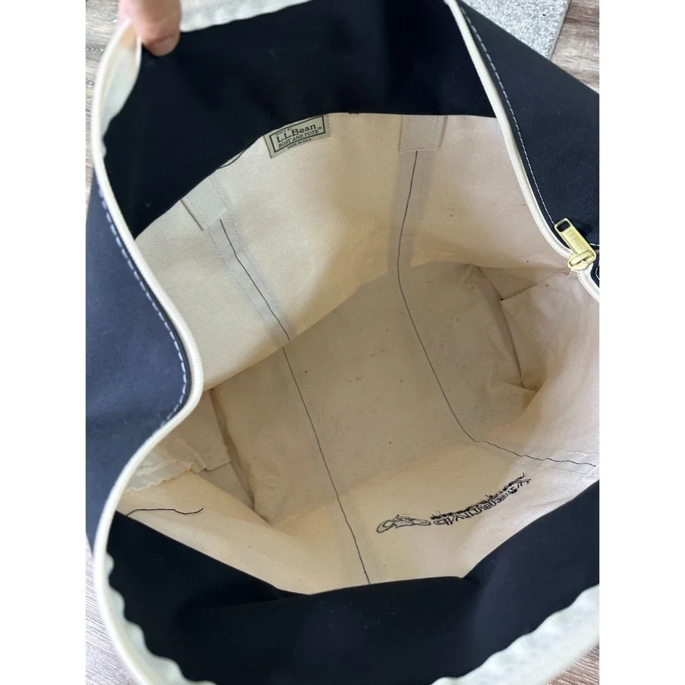 LL Bean Boat And Tote Bag Cream Black Dynasty Logo Zipper Top Large Shoulder